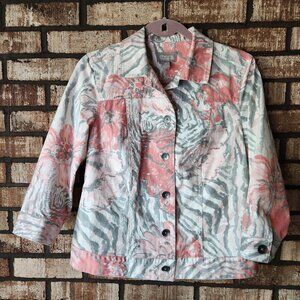 Chico's Grey Pink Floral Tropical Denim Jacket Button Front Size 0